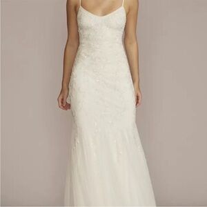 David's Bridal Ivory Beaded Spaghetti Strap Wedding Gown